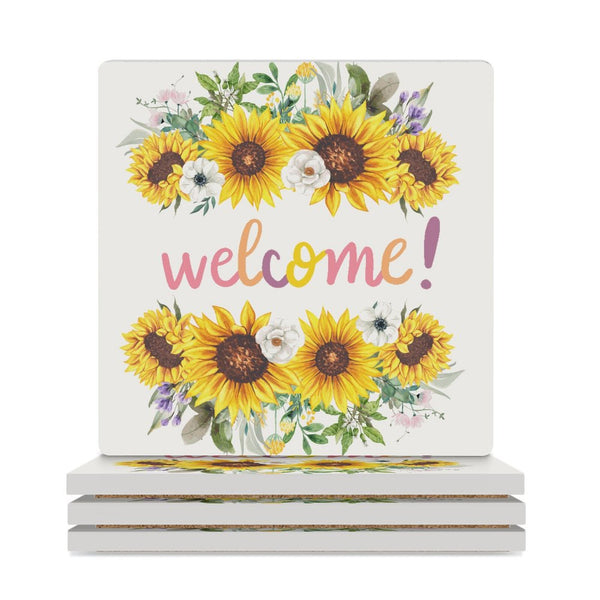 POD Design 3.7 inch Ceramic Coasters (Square) with Cork Bottom, Sunflower, Welcome Ceramic Coasters, 4PCS or 6PCS a Pack