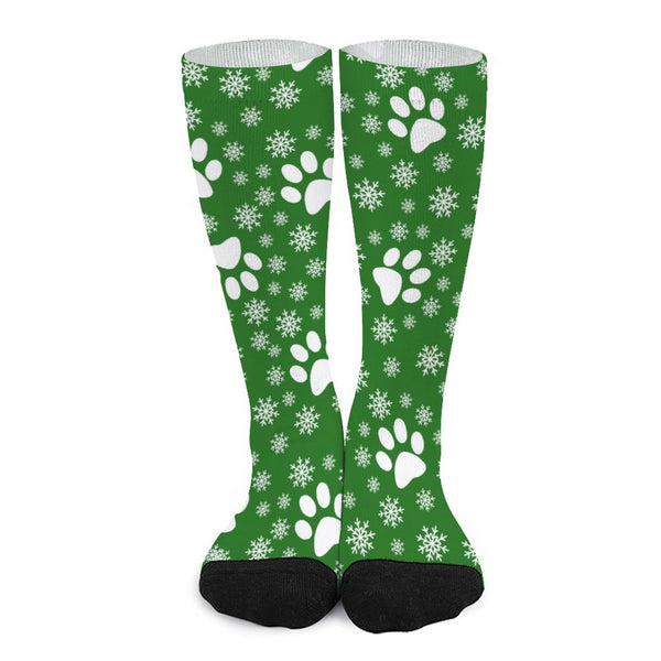 POD Christmas Snowflakes Cats And Dogs Paws Socks Medium Size Personalized Christmas Socks Christmas Snowflakes Cats And Dogs Paws Snowflakes