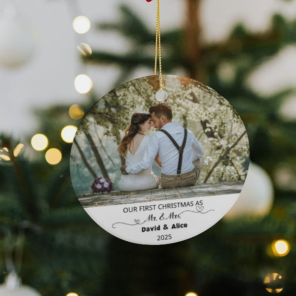 First Christmas as Mr. & Mrs. Christmas Ornament Custom Photo Ceramic Circle Ornament-2 Sided