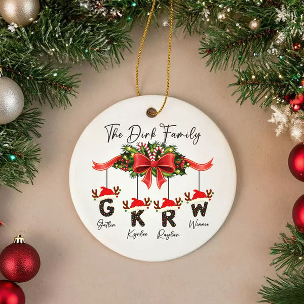 The Family Name Christmas Ornament - Personalized Ceramic Decoration with Santa Hat Initials - Both Sided