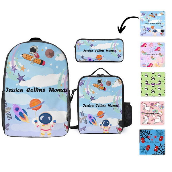 Personalized Name/Text Three Piece Set Combination Backpack Lunch Bag Pencil Pouch