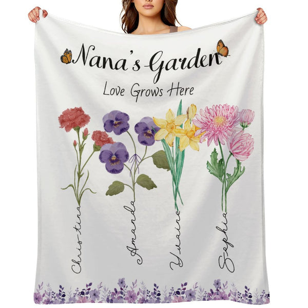 Personalized Grandma's Garden Blanket, Custom Birth Flower Blanket with Grandkids Name